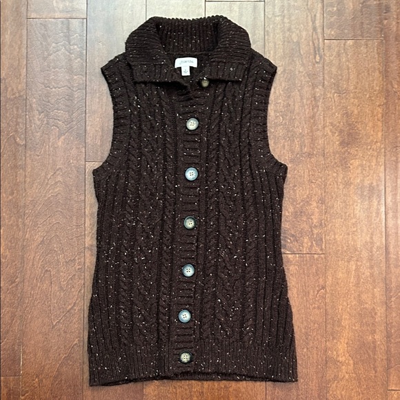 St. John's Bay Brown Flecked Cable Knit Button Down Cardigan Vest, Size Small - Picture 1 of 8
